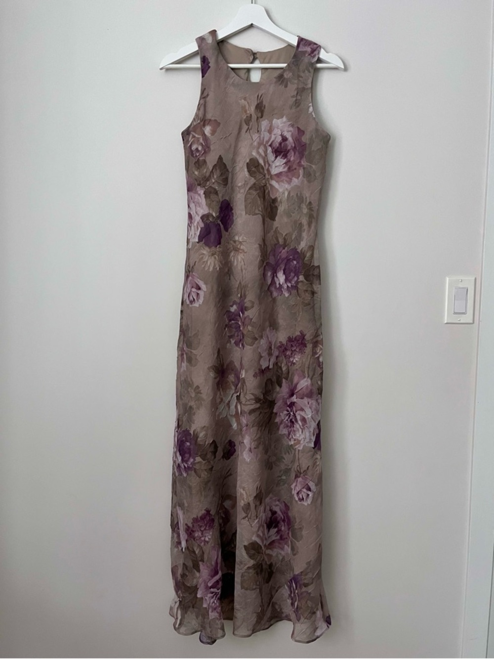 Sleeveless Taupe Maxi Dress with Purple Floral Print